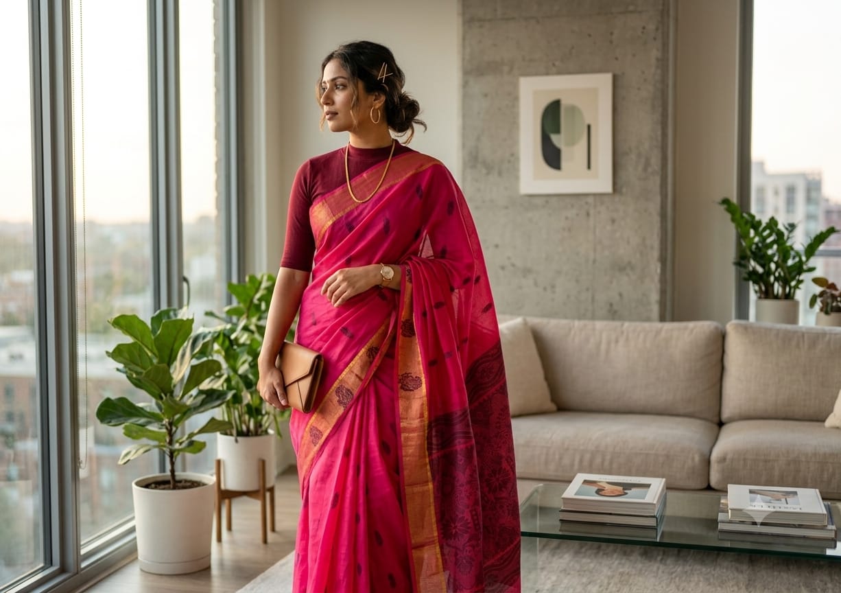 COTTON-SAREES-003 - Cotton Saree - Rose